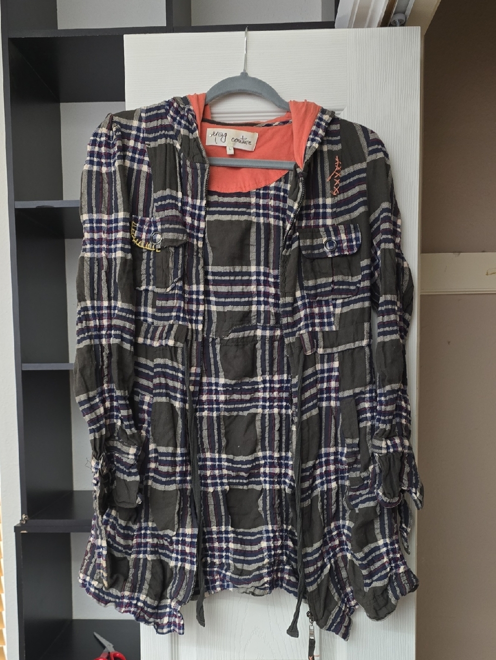 Plaid Hooded Button-Front Tunic Jacket with Coral Hood Lining
